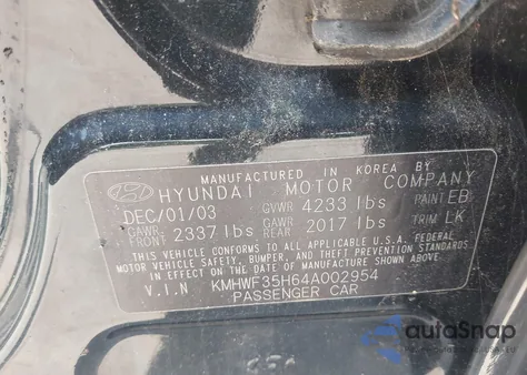 2004 Hyundai Sonata Gls/Lx from USA, damaged, VIN KMHWF35H64A002954